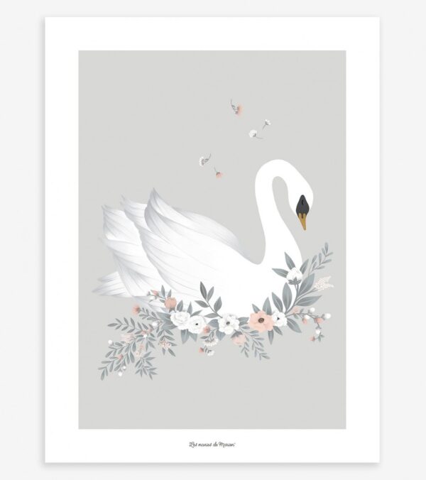 grace-affiche-enfant-cygne-et-fleurs-fond-gris